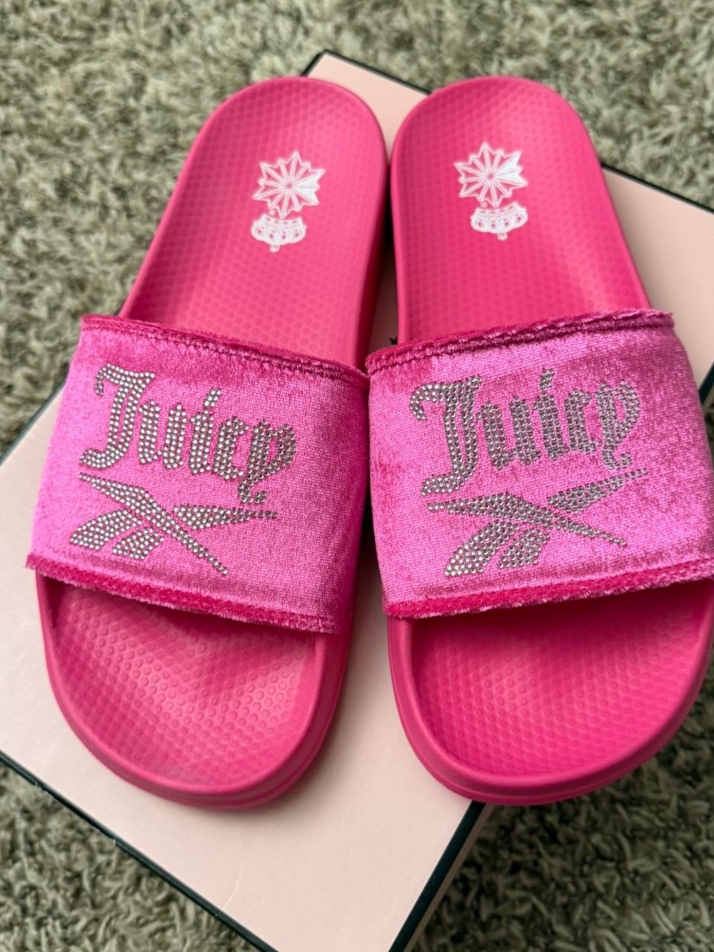 Juicy Couture Hot Pink Velvet Crystal Logo Slide Sandals